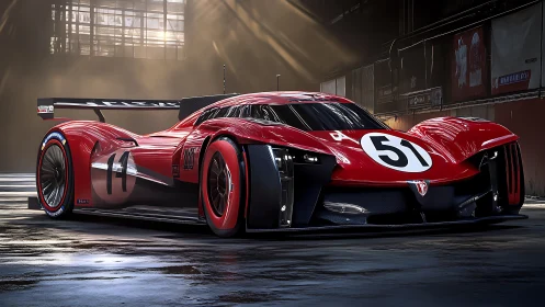 Red endurance prototype race car waits in dramatic hangar light