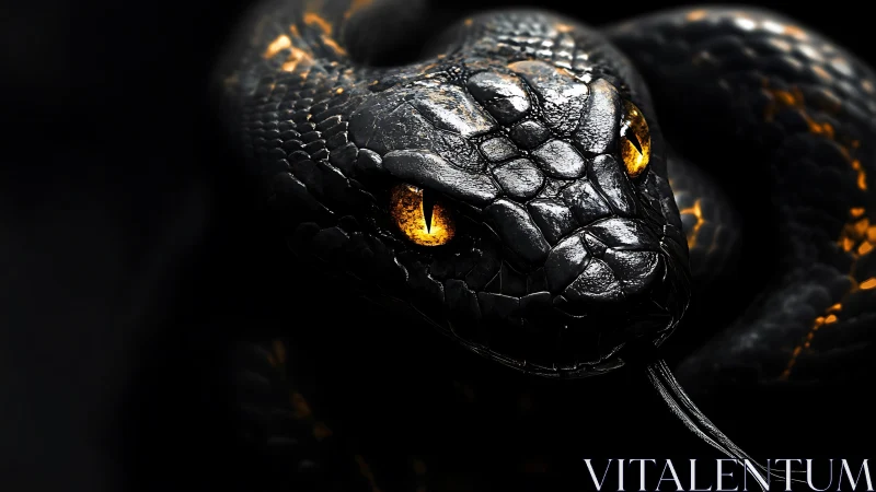 Close frontal view of dark scaled snake with bright eyes.