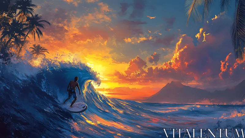 Golden sunset surfer rides glowing tropical evening wave