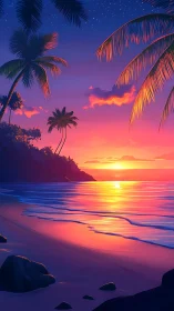 Tropical shoreline glows under vivid neon sunset sky.