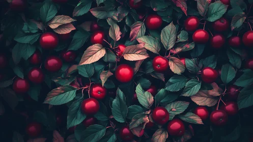 Ripe red apples cluster tightly within deep green foliage