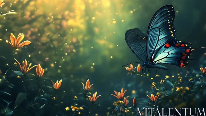Iridescent butterfly hovering above sunlit orange blossoms.