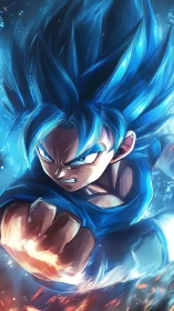 Blue energy warrior charging punch through glowing aura.