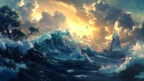 Sailing vessel in rough ocean waves under illuminated clouds.