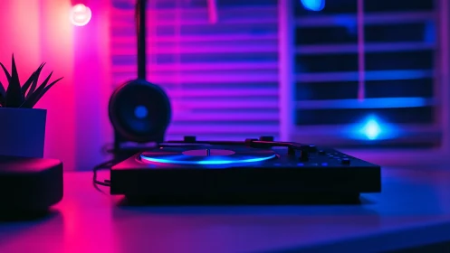 Neon lights glow gently around a cozy home DJ mixer setup