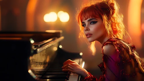 Velvet-haired pianist glows in ember-lit nocturne hush.