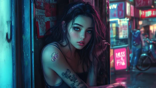 Neon lit girl with tattoos in rainy night alleyway.