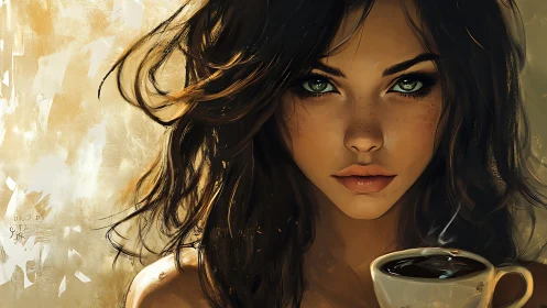 Cinematic digital portrait shows freckled woman holding steaming coffee