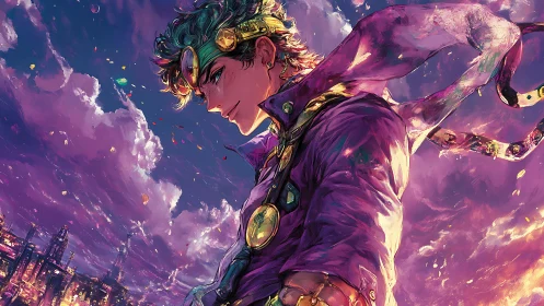 Anime hero in purple coat over neon industrial skyline.