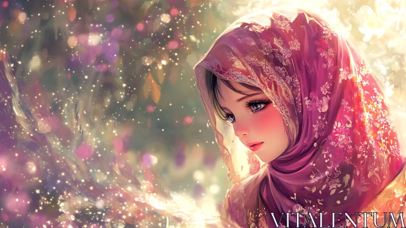 Luminous bokeh veil around contemplative anime portrait.