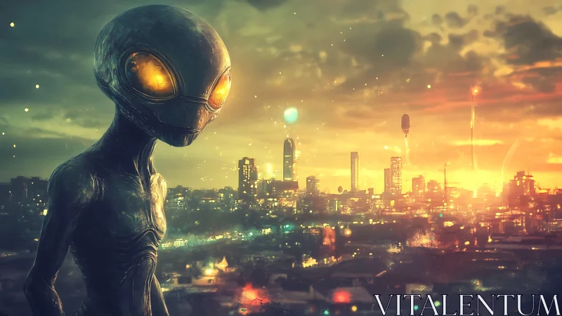 Bioluminescent alien observer scans neon-infused dusk skyline