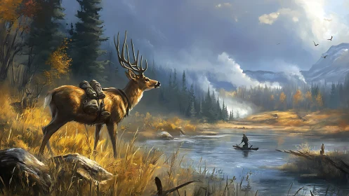 Pack-laden stag watches lone canoeist cross misty river