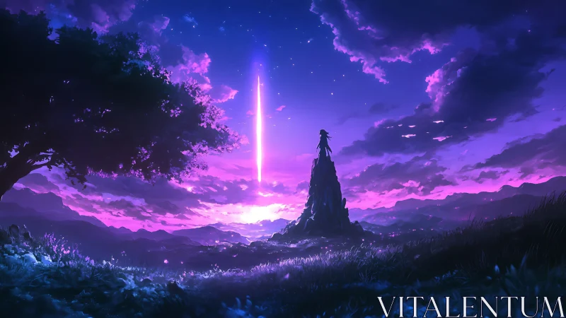 Solitary watcher greets a falling star over violet valleys