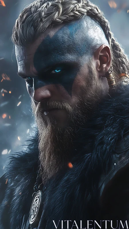Brooding Viking warrior stands in ember-lit icy mist