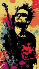 Stylized guitarist silhouette with splatter background profile.