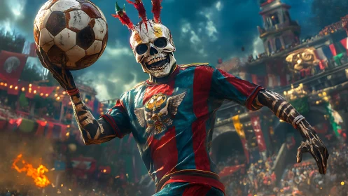 Skeleton soccer player in festive stadium with burning field