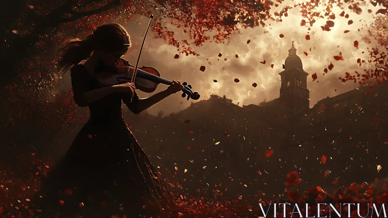 Violinist silhouette amid swirling red leaves at dusk.