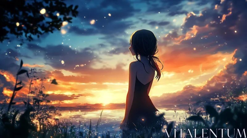 Girl watches luminous sunset over reflective lake horizon.