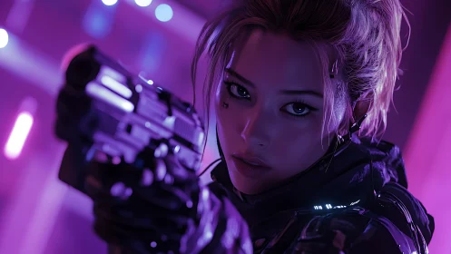 Cybernetic operative aiming pistol in neon environment.