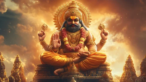 Seated Hindu deity in ornate golden temple environment.