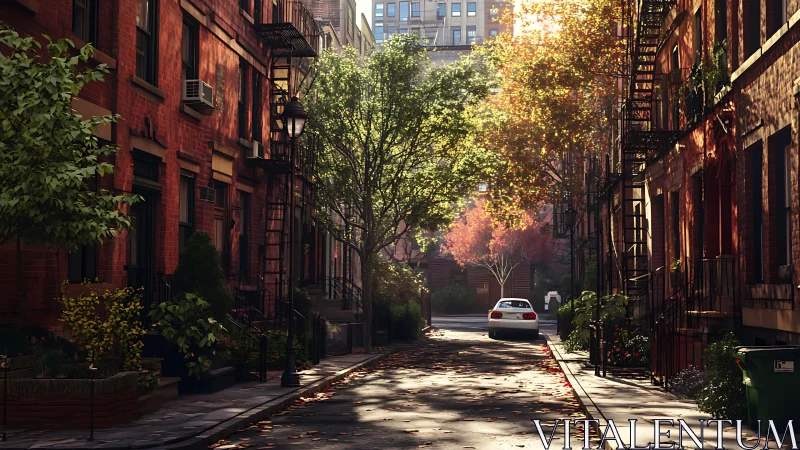 Sunlit brick-lined city street with autumn foliage glow.