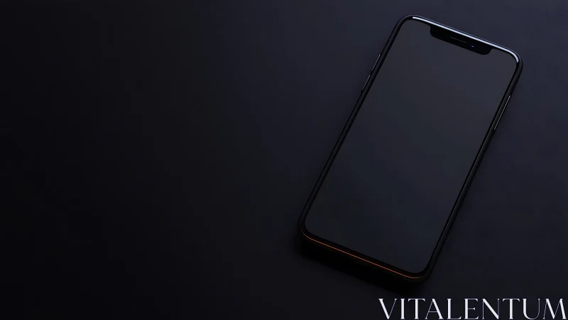 Dark smartphone with notch on black surface.