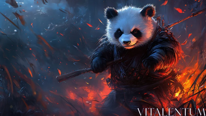 Warrior panda charges through blazing forest battlefield.