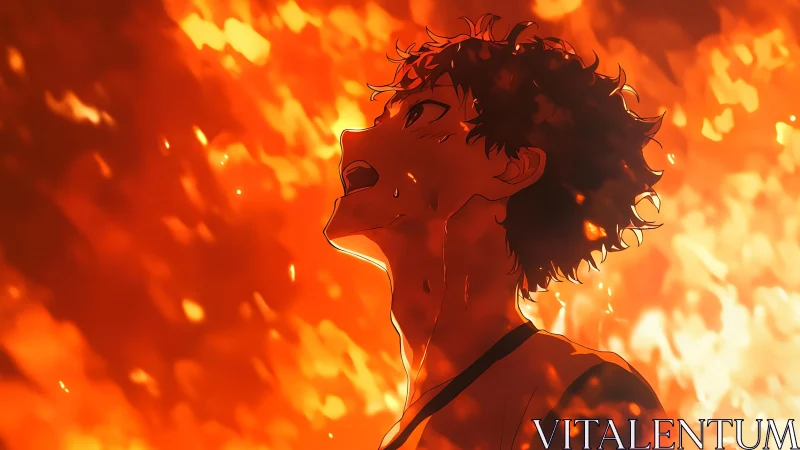 Anime boy stands against blazing inferno in heroic profile