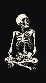 Seated human skeleton rendered in stark monochrome contrast