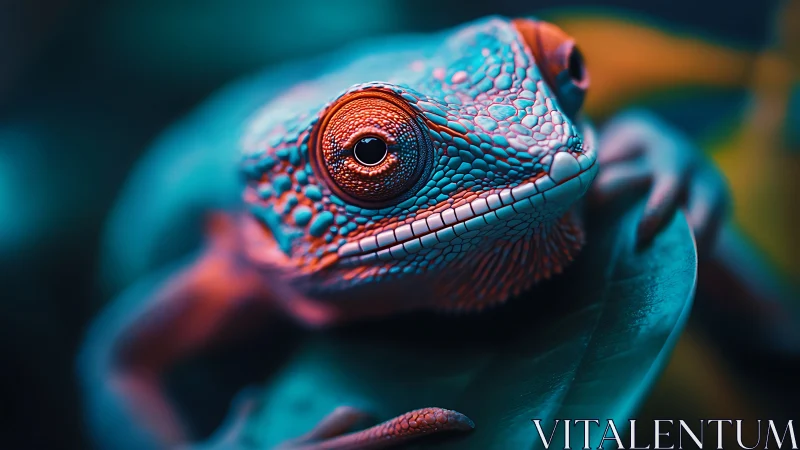 Neon macro reptile portrait with cinematic teal orange glow.