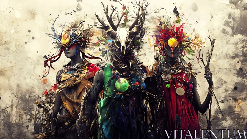 Mystical forest guardians stand united in vivid ritual armor