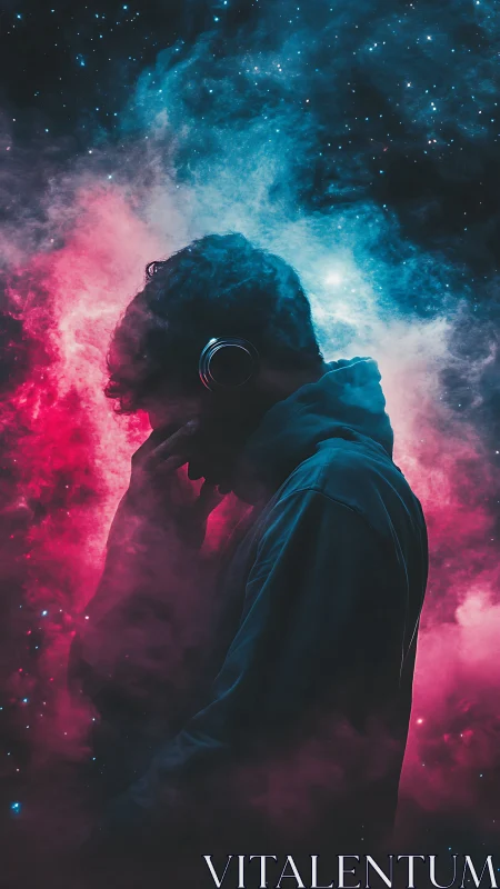 Silhouetted listener drifts through neon cosmic mist in thought