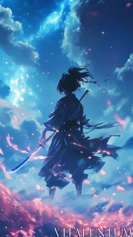 Silhouetted sword wielder stands amid clouds and floating embers
