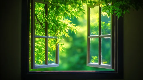 Sunlit foliage framed by open window in shallow-focus view