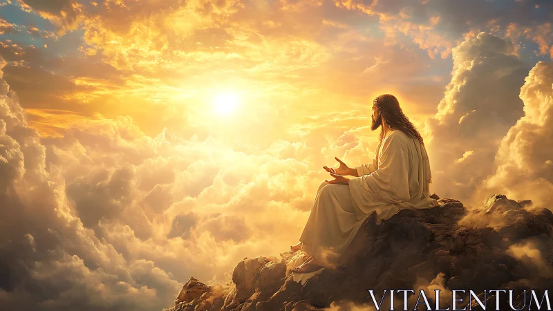 Messianic robed figure on sunlit cloud summit at golden hour