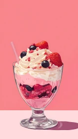 Strawberry sundae dessert glows against soft pink backdrop
