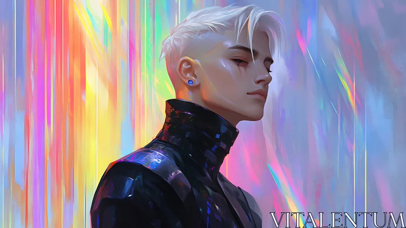 White haired youth in iridescent jacket against neon streaks