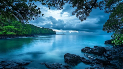 Twilight coastal lagoon captured with long exposure serenity