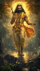 Divine haloed deity walking over luminous forest stream