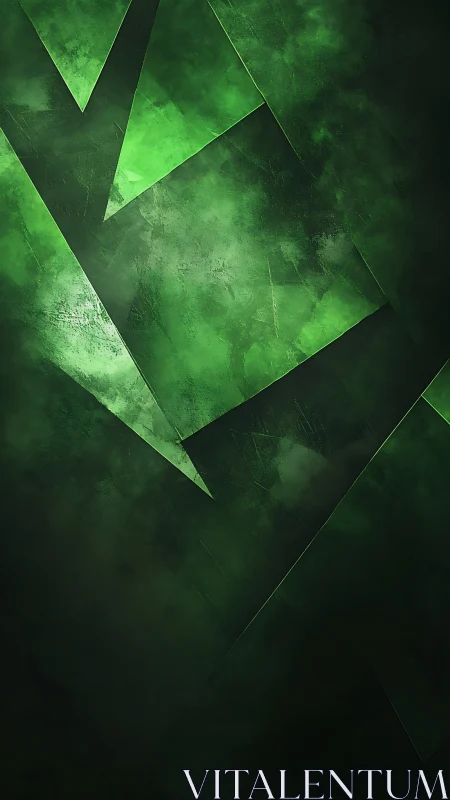 Emerald geometric layers glow softly in moody green light