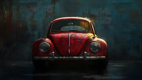 Vintage red beetle front view under moody cinematic light.