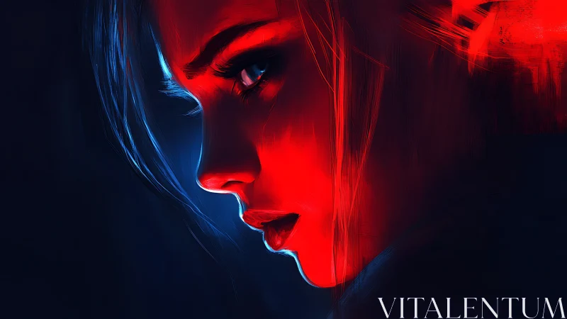 Neon-lit female profile glows against deep shadowed void