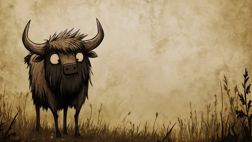 Shy little shaggy yak gazes curiously across an empty field