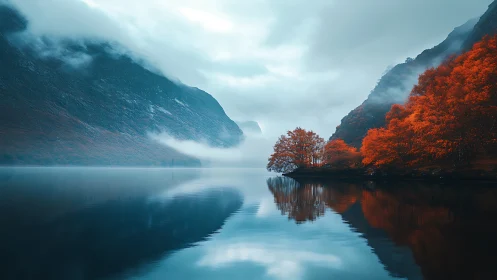 Lake reflects orange autumn trees and misty mountain slopes