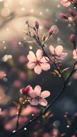 Pink Cherry Blossoms on Dark Branch.