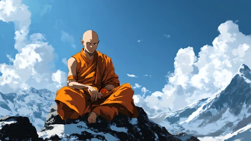 Calm monk resting in bright orange robes above snowy peaks.