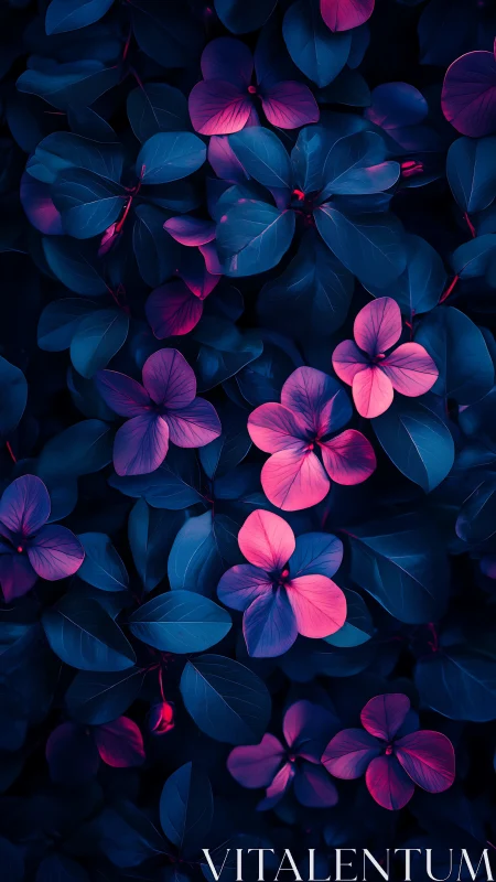 Neon-lit botanical composition with layered foliage.