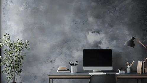 Minimalist workspace with desktop monitor and concrete wall.