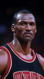 Focused basketball player stands in black and red jersey portrait.