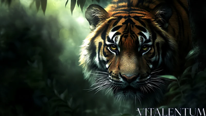 Digital rendering shows tiger emerging from dense foliage